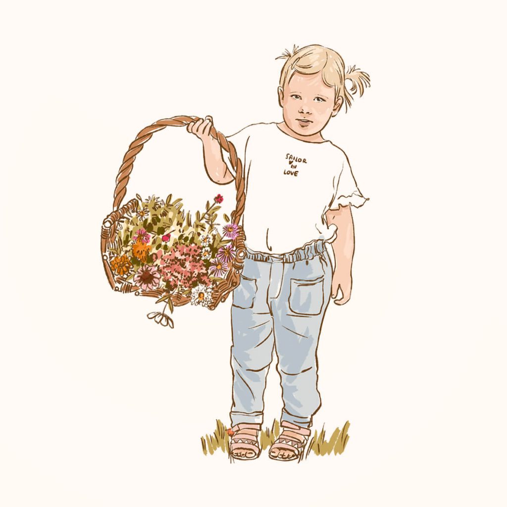 Illustratie portret kind met bloemen